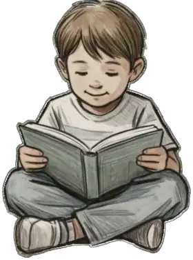 A drawing of a boy sitting cross-legged, reading a book and smiling